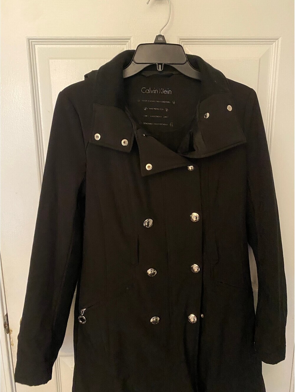 Calvin Klein Women’s Double-Breasted Water-Resistant Trench Coat Hood–Black XXL